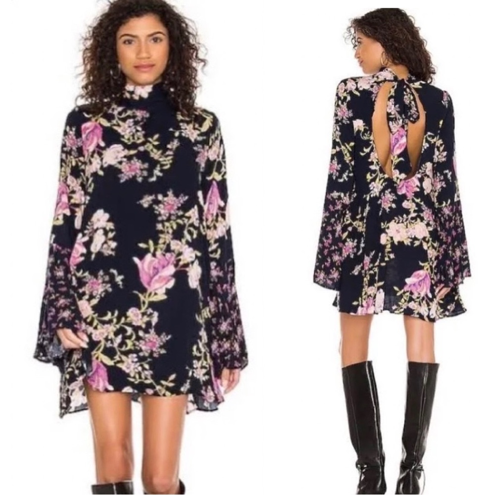 Free People Navy Floral High-Neck Mini Dress with Pink Flowers